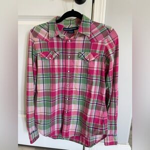 Ralph Lauren women’s top. Bright spring-colored plaid, fitted long sleeve size 8